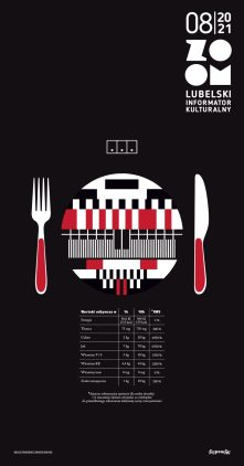 Okładka informatora Zoom z sierpnia 2021 roku.  W prawym górnym rogu napis „Lubelski informator kulturalny”. Powyżej logo Zoom. Słowo Zoom zapisane drukowanymi literami. Na górze dwie litery Z i O, pod spodem O i M. Litery pogrubione, w kolorze białym. Ponad logo numer miesięcznika 08, 2021. Schematyczna grafika. Ilustracja przedstawia zastawę stołową. Tło czarne, jednolite. W centrum okładki okrągły talerz, po lewej widelec, po prawej nóż. Rączki sztućców czerwone. Talerz w kolorach: czarnym, czerwonym, szarym i białym. Wzory na talerzu przypominają brak sygnału i obraz kontrolny w telewizji z dawnych lat. Poniżej zastawy tabela przedstawiająca dzienne referencyjne spożycie dla osoby dorosłej. Poniżej napis: 1 h transmisji zawiera wszystko co niezbędne do prawidłowego zaburzenia właściwej oceny rzeczywistości. W prawym dolnym rogu okładki nazwisko autora: Filipowski.