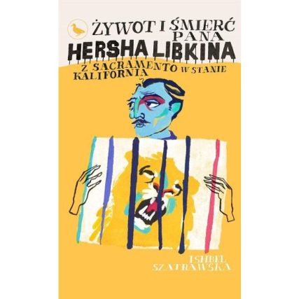 Okładka książki. Ilustracja na żółtym tle. Mężczyzna o niebieskiej twarzy trzyma przed sobą kartkę, na której widać pysk zwierzęcia za pionowymi kratami.