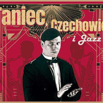 Plakat do balu sylwestrowego - Taniec, Czechowicz, Jazz. W centrum klaszczący mężczyzna w garniturze na tle czerwonego tła