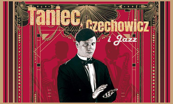 Plakat do balu sylwestrowego - Taniec, Czechowicz, Jazz. W centrum klaszczący mężczyzna w garniturze na tle czerwonego tła